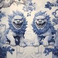 chinoiserie wallpaper art with a couple of chinese guardian lions, blue ceramic pattern in watercolor