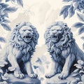 chinoiserie wallpaper art with a couple of chinese guardian lions, blue ceramic pattern in watercolor