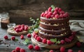 A classic chocolate torte with layers of rich cake, adorned with raspberries and mint, capturing a timeless elegance. Royalty Free Stock Photo