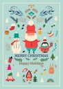 Classic Christmas greeting illustration with funny Santa Claus, penguin and snowman. Big Christmas collection in Scandinavian Royalty Free Stock Photo