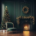 Classic Christmas Interior with Fireplace, Green Tree, Decorations, Wreath, and Garland Royalty Free Stock Photo