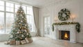 Classic Christmas Interior Gold and White Tree, Fireplace Royalty Free Stock Photo