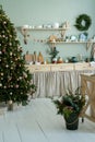 Classic Christmas kitchen decorations in silver and Golden colors Royalty Free Stock Photo