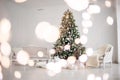 Classic christmas New Year decorated interior room New year tree. Christmas tree with gold decorations. Modern white classical sty Royalty Free Stock Photo