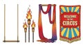 Classic circus elements showcase includes a swing, torches, silks and a banner. Royalty Free Stock Photo