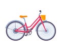 Classic City Bicycle, Ecological Sport Transport, Pink Women Bike Side View Flat Vector Illustration Royalty Free Stock Photo