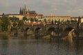 Classic cityscape view of medieval Prague. Panorama of ancient Prague Castle and Saint Vitus Cathedral