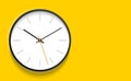 Classic clock image in realistic flat style, timer on yellow background. Business watch