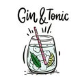 Classic cocktail Gin and tonic. Hand drawn vector illustration and lettering