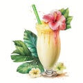 Classic Cocktail Pina Colada Watercolor Clipart, Isolated on White Background - Generative AI Royalty Free Stock Photo