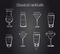 Classic cocktails recipe. Scheme of preparing with ingredients. Vector sketch outline hand drawn illustration