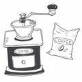 Classic coffee grinder in woden case. Doodle coffee grinder icon in vector. Hand drawn coffee grinder illustration in vector