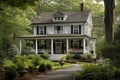 classic colonial house with wraparound porch, rocking chairs, and garden