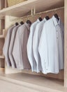 Classic color shirts hanging in warm wardrobe