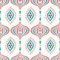 Classic Colorful Handdrawn Ogee and Diamonds Vector Seamless Pattern. Retro Blue and Pink Elegant Traditional Background