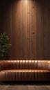 Classic comfort Brown leather couch enhances room with wooden wall