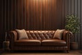 Classic comfort Brown leather couch enhances room with wooden wall