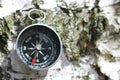 Classic compass on natural background with birch bark texture