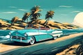 A classic convertible car from the 1950s cruising along a winding coastal road, with the azure sea stretching to the horizon Royalty Free Stock Photo