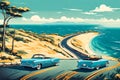 A classic convertible car from the 1950s cruising along a winding coastal road, with the azure sea stretching to the horizon Royalty Free Stock Photo