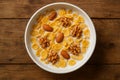 Classic Corn Flakes Cereal with Milk, Almonds, and Walnuts for a Healthy Breakfast AI-GENERATED Royalty Free Stock Photo