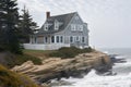 classic cottage with beachy exterior, waves crashing in the background