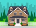 Classic cottage house with trees and road. Private house and city on background. Vector illustration, flat style. Royalty Free Stock Photo