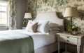 Classic country bedroom with botanical wallpaper, in neutral and natural earthy green colour palette, home decor and