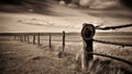 Cowboy\'s hat resting on a farm fence. Generative AI.