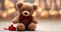 Classic cute stuffed teddy bear with red bow with blurred bokeh background, cute present romantic Valentines gift Royalty Free Stock Photo