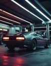 Classic dark blue sports car with stop lights in a dimly lit parking garage with neon lights.