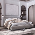 Classic dark wooden bedroom with master bed, parquet floor, niches and carpet in white and beige tones. Arched door with curtains Royalty Free Stock Photo