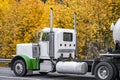 Classic day cab powerful big rig white and green semi truck transporting cargo in heavy duty tank semi trailer driving on the Royalty Free Stock Photo