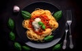 Classic delicious Italian spaghetti pasta with tomato sauce parmesan cheese and basil leaves on plate