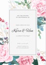 The classic design of a wedding invitation with flowering roses, plants, white flowers and leaves. Elegant vertical card