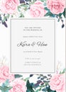 The classic design of a wedding invitation with flowering roses, plants, white flowers and leaves. Pastel color floral Royalty Free Stock Photo