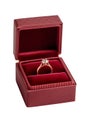 A classic diamond engagement ring showcased in a red velvet ring box isolated on white background, created by Generative AI Royalty Free Stock Photo