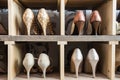 Classic different women shoes in a wooden shoe reck Royalty Free Stock Photo