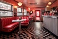 a classic diner booth with checkered flooring