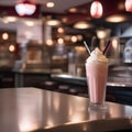 A classic diner counter with a milkshake in a tall glass and a cherry on top2