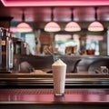 A classic diner counter with a milkshake in a tall glass and a cherry on top4