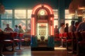 Classic diner scene with a jukebox and patrons. Generative ai