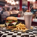 A classic diner scene with a milkshake, burger, and fries on a checkered tablecloth4