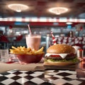 A classic diner scene with a milkshake, burger, and fries on a checkered tablecloth1