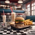 A classic diner scene with a milkshake, burger, and fries on a checkered tablecloth3