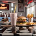 A classic diner scene with a milkshake, burger, and fries on a checkered tablecloth1