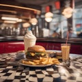 A classic diner scene with a milkshake, burger, and fries on a checkered tablecloth2