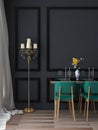 Classic dining room mockup with black molding wall, classic floor lamp, and tosca table set Royalty Free Stock Photo