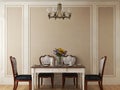 Classic dining room mockup with decorative wall, classic dining table set, and classic hanging lamp Royalty Free Stock Photo