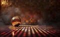 A classic disco ball lies on a checkered dance floor, surrounded by a mysterious haze and reflective surfaces, reviving